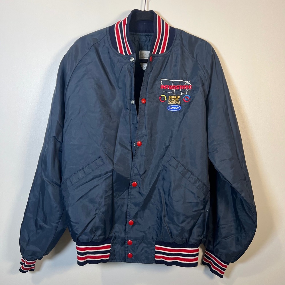 Bill Saint Marie Mens Vintage Bomber Jacket Quilted Navy Blue Corporate Large